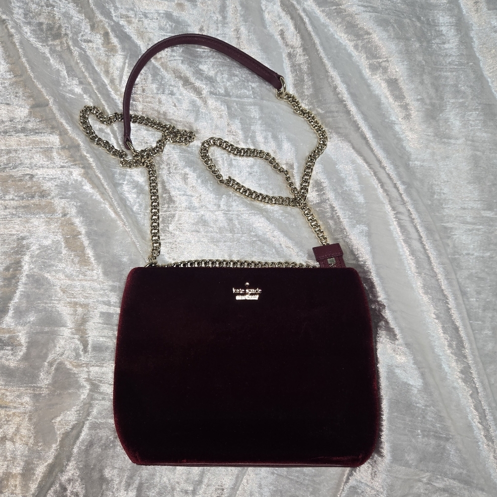 Kate Spade Red Velvet Crossbody Bag Gold Chain Strap Cameron Street Purse